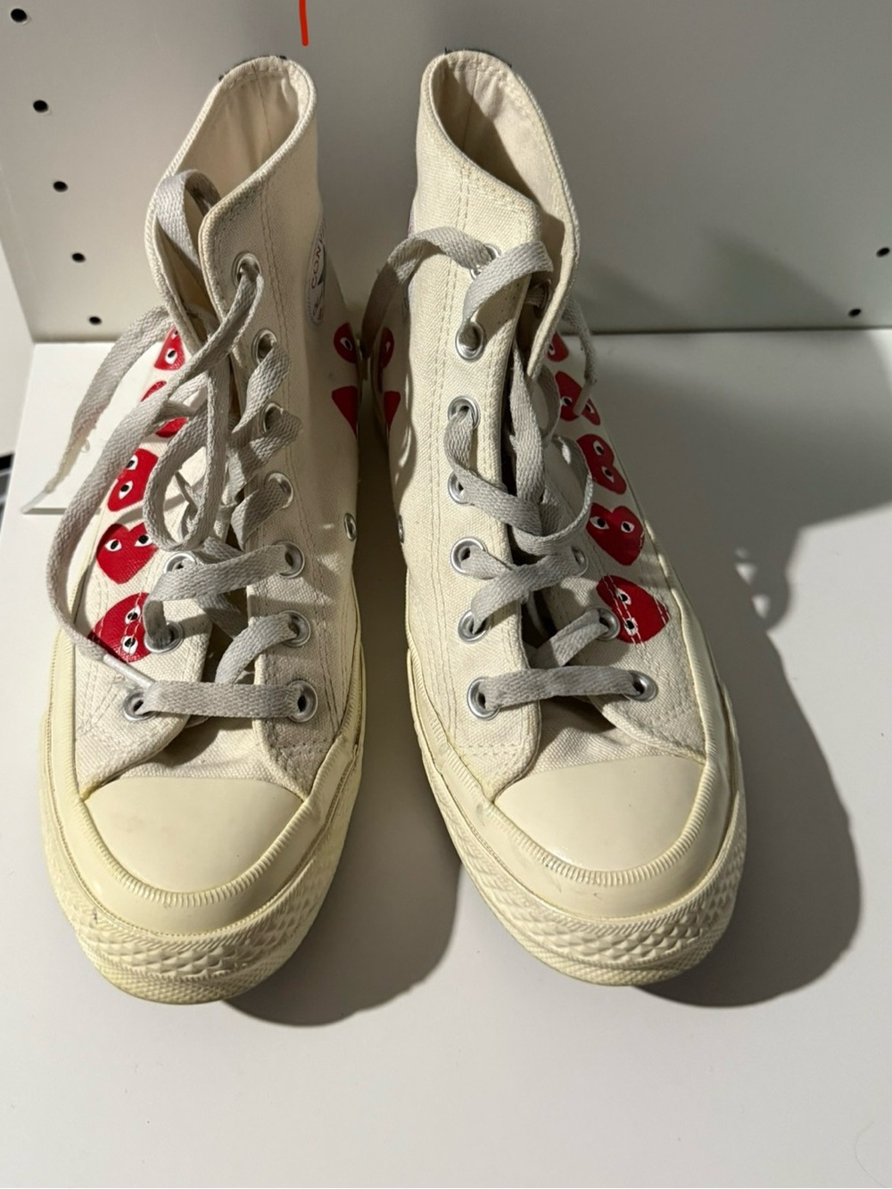 Comme des Garcons Play x Converse Cream High-Top Sneakers with Red Heart Logo